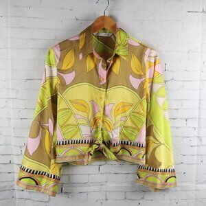 ZARA GREEN YELLOW TAN WHITE BLACK RETRO PRINT TIE FRONT LONG SLEEVE TOP SIZE XS
